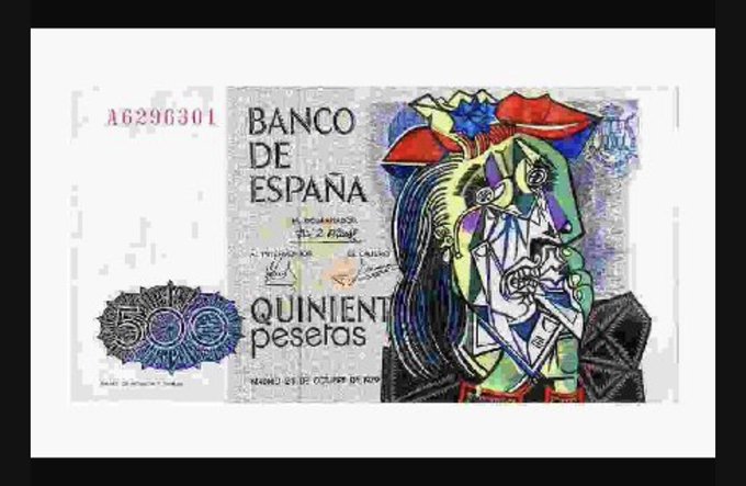 A 500 pesetas Spanish banknote from the Banco de España, featuring a cubist-style portrait with serial number A6296301 and the date Madrid 23 de Octubre de 1979.