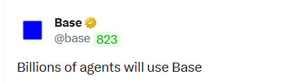 Stylized graphic featuring the Base logo and '@base 823' with the tagline 'Billions of agents will use Base'.