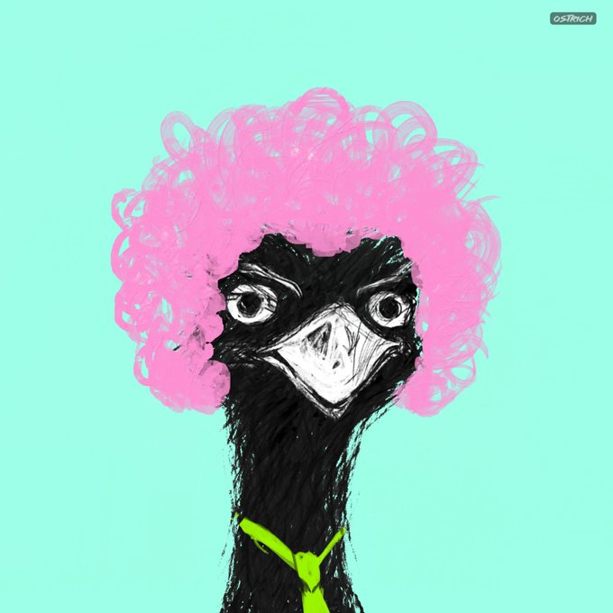 The image features a cartoon-style drawing of an ostrich with pink hair, wearing a green tie around its neck. The ostrich appears to be smiling or making a funny face for the camera. The background color of the image is blue, which contrasts nicely with the pink and black elements in the drawing.