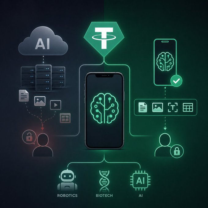 Tech infographic illustrating AI integration with Tether (USDT) connecting to robotics, biotech, and AI sectors, showing a smartphone with a brain icon connecting to cloud AI, mobile apps, and various technology applications.