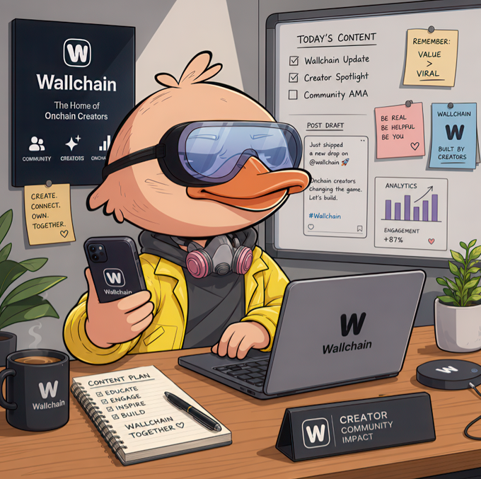 The image features a cartoon duck wearing glasses, sitting at a desk with a laptop computer open in front of him. The duck appears to be working or studying, possibly for a project related to the creator community. There are several notes scattered around the desk, suggesting that the creator might be taking notes on their work or ideas. A cup is also present on the desk, indicating that the creator may have been enjoying a beverage while working.
