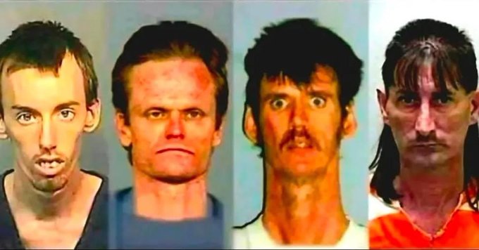 Four mugshot-style photos showing men with disheveled appearances, gaunt faces, and unkempt hair against plain backgrounds.