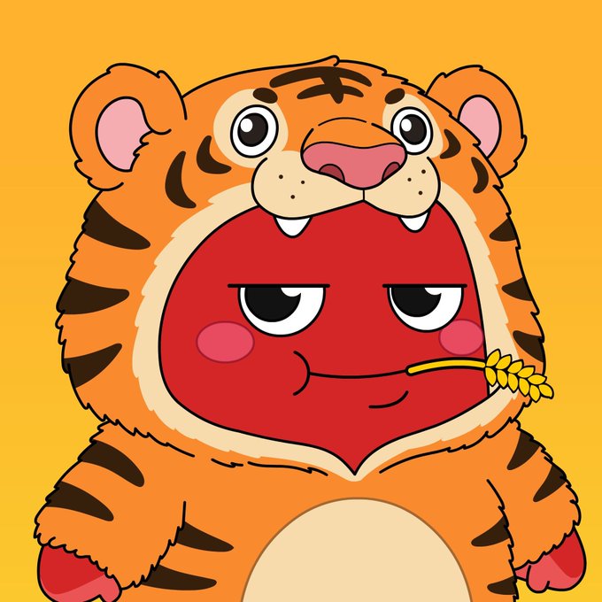 A cartoon character of a round red creature wearing a tiger costume, with a nonchalant expression and a piece of wheat in its mouth.