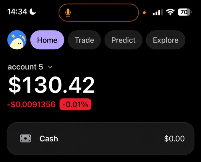 A screenshot of a crypto trading app showing account 5 with a balance of $130.42 (down $0.0091356 or -0.01%), celebrating the $130 milestone achieved thanks to Web3 Jobs.