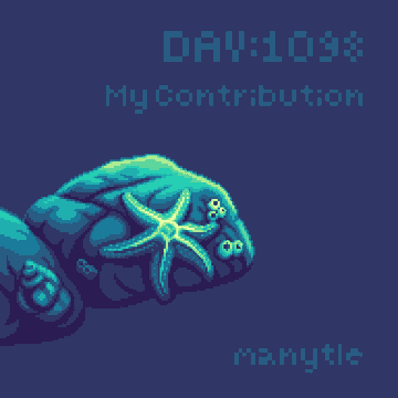 A pixel art image with a blue background shows a creature with a starfish-like face, accompanied by the text 'DAY:1098 My Contribution' and the signature 'maxytle'.