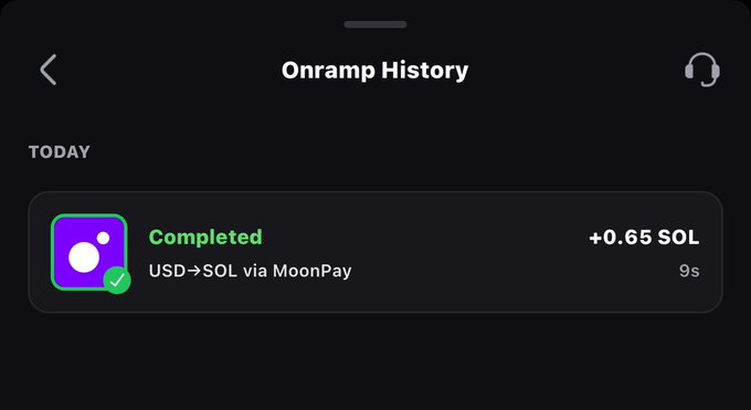 A mobile app screen displaying 'Onramp History' with a completed transaction of +0.65 SOL (USD→SOL via MoonPay) shown in 9 seconds.