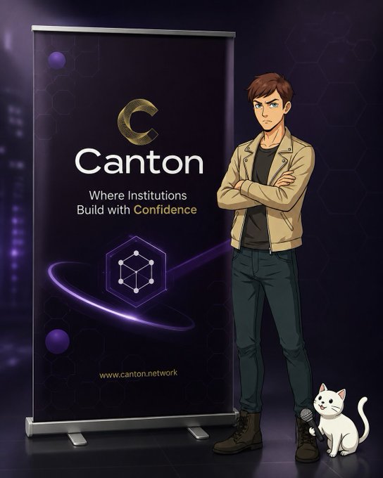 An anime-style man with crossed arms stands next to a white cat beside a promotional banner for Canton Network, displaying the text "Canton: Where Institutions Build with Confidence" along with the website www.canton.network. The image visually reinforces the post's theme of Canton Network's latest upgrade addressing critical infrastructure challenges needed for blockchain to meet the reliability standards of traditional financial systems.