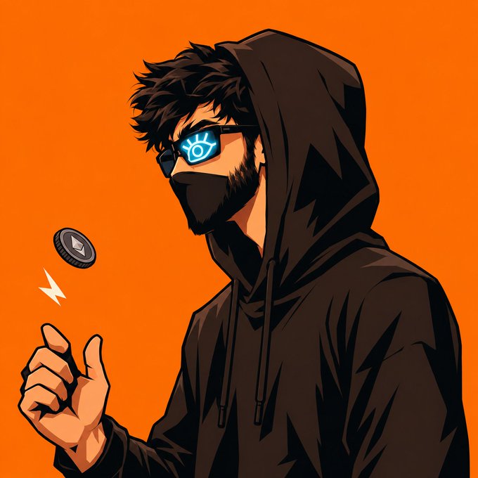 An illustrated anime-style character in a black hooded cloak and glowing blue sunglasses tosses a coin against an orange background.