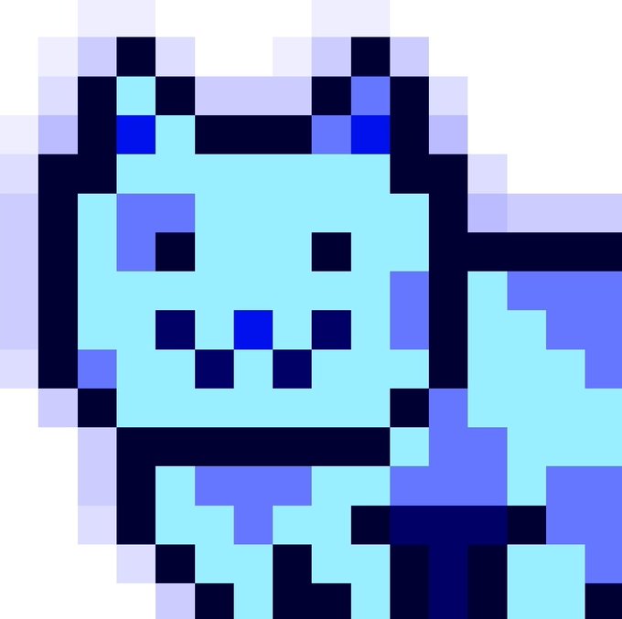 A pixel art illustration of a cute blue and cyan creature with small horns and a friendly smile, resembling a stylized monster character.