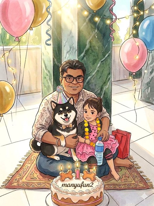 Digital illustration of a family birthday celebration showing a man with glasses holding a Shiba Inu dog and a young girl, sitting behind a birthday cake that reads 'manyufun2' with balloons and lights in the background.