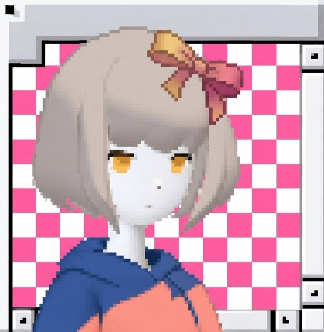A pixel art illustration of a gray-haired character with golden eyes, wearing a pink bow and a blue and orange outfit, set against a pink and white checkered background.