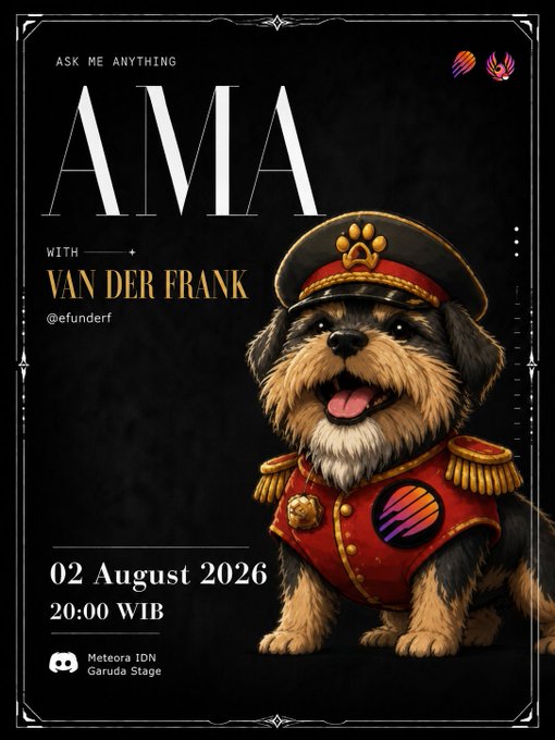 An event poster featuring a small dog dressed in an ornate red and gold military-style uniform with a paw print logo, advertising an 'AMA with Van Der Frank' on 02 August 2026.