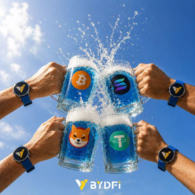 Four hands clink beer mugs emblazoned with the logos of Bitcoin (BTC), Shiba Inu (SHIB), Tether (USDT), and Solana (SOL) against a bright blue sky, with the BYDFi branding on the wristwatches and bottom of the frame. The image perfectly complements the post's celebration of Bitcoin reclaiming $64K, visually capturing the crypto community's toast to rising prices across major digital assets.