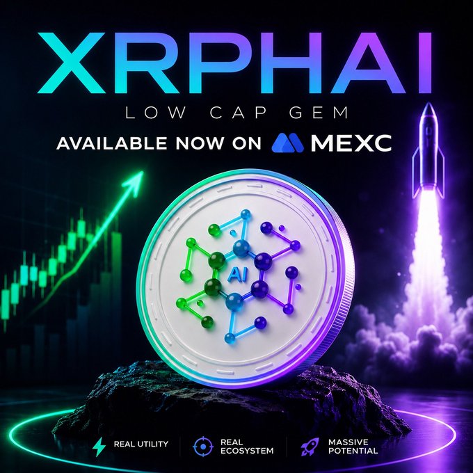 A futuristic crypto promotional graphic for "XRPHAI - LOW CAP GEM" announcing availability on MEXC exchange, featuring a glowing AI-themed coin with green upward chart arrows and a rocket launch imagery. The image visually reinforces the post's message by emphasizing XRPHealthcare AI ($XRPHAI) as an under-the-radar opportunity poised for significant gains.
