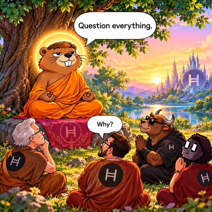 A whimsical illustration shows a hamster dressed as a monk meditating under a tree with a speech bubble saying 'Question everything,' while various characters including a bull, a man, and a robot wearing 'H' logo robes sit below, with one asking 'Why?'
