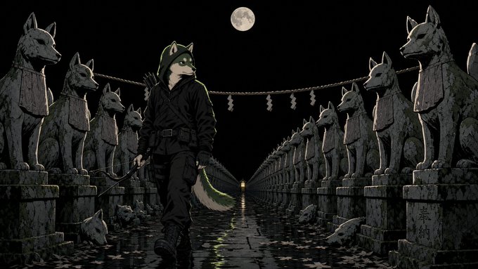 An anime-style illustration of a wolf-headed character in black military attire holding a large blade, walking through a path lined with fox statues under a full moon, reminiscent of Japanese mythology.