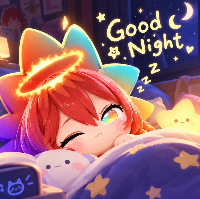 An anime-style illustration shows a cute character with red hair and a glowing halo resting in bed, accompanied by the text 'Good Night' alongside stars and a crescent moon.