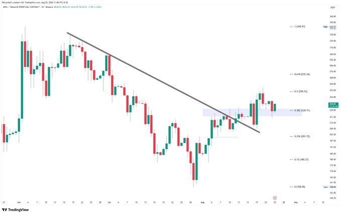 A candlestick chart from TradingView shows the price movement of BNB on a perpetual contract, displaying a downward trendline breaking into a recent uptrend with Fibonacci retracement levels marked on the right axis.