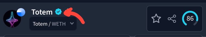 A user profile interface showing "Totem" with a verified blue checkmark, trading "Totem / WETH", with a score of 86.