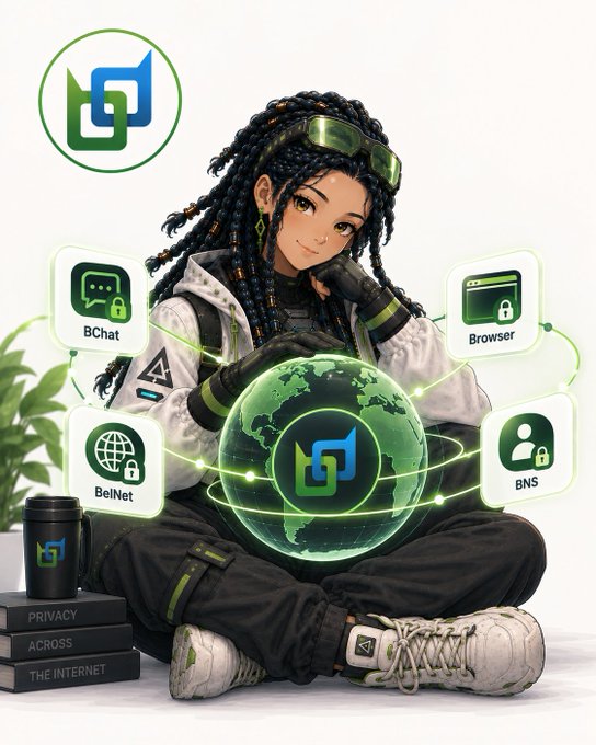 An anime-style promotional image featuring a girl with braids and goggles sitting with a green globe, surrounded by icons labeled 'BChat', 'Browser', 'BNS', and 'BelNet', with books titled 'PRIVACY', 'ACROSS', 'THE INTERNET'.
