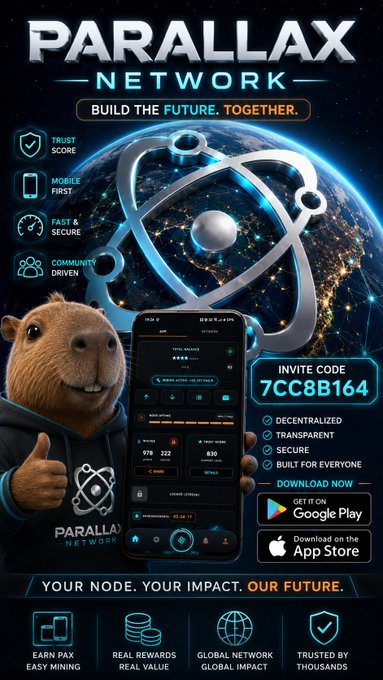 A promotional graphic for 'PARALLAX NETWORK' features a beaver mascot in a hoodie, a smartphone displaying an app interface, an invite code '7CC8B164', and download links for Google Play and the App Store.