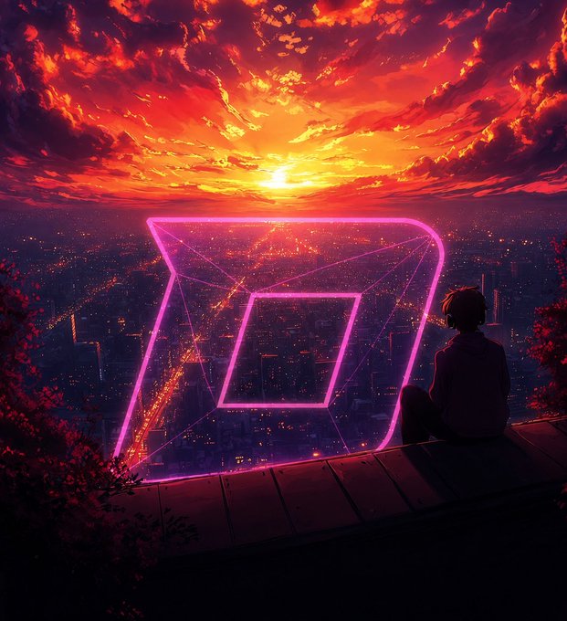 The image features a cityscape at sunset with a neon pink square symbolizing the word "D" prominently displayed against an orange sky. A person can be seen sitting on a bench near this symbol, possibly enjoying the view or contemplating something. The scene is set in a park-like area surrounded by trees and buildings, creating a contrast between nature and urban life.