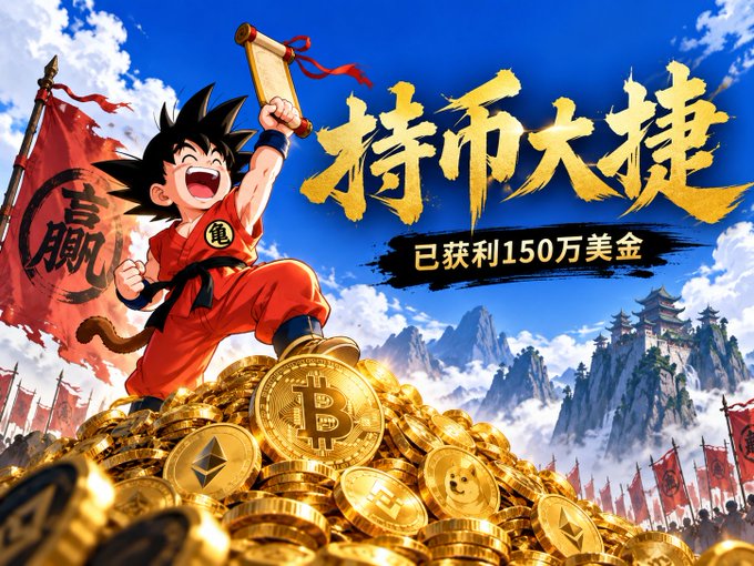 Anime-style illustration of a spiky-haired character in an orange martial arts uniform standing atop a pile of gold coins featuring cryptocurrency symbols, with Chinese text and '已获利150万美金' visible.