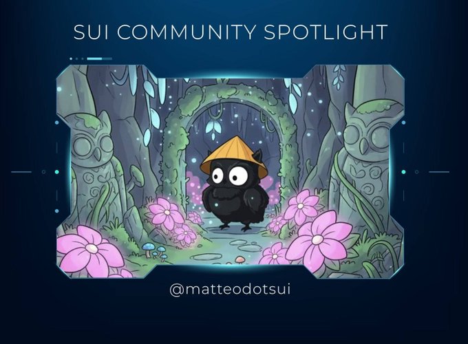 A 'SUI COMMUNITY SPOTLIGHT' graphic featuring a black fluffy character wearing a conical hat standing in a lush garden archway with pink flowers and stone statues, credited to '@matteodotsui'.