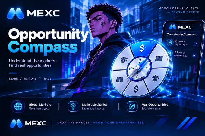 The image is a promotional graphic for MEXC's "Opportunity Compass" educational campaign, titled "Beyond Crypto," featuring a stylized illustration of a person alongside a glowing compass wheel marked with dollar signs, graduation caps, and book icons, symbolizing financial learning. Key text includes "MEXC Opportunity Compass," "Understand the markets. Find real opportunities.," "LEARN / EXPLORE / TRADE," and section headers for "Global Markets," "Market Mechanics," and "Real Opportunities," with a phone screen showing "Episode 1: Beyond Crypto" and "Episode 2: Global Markets," reinforcing the post's theme about paying attention to market gaps like the bid-ask spread, which are foundational market mechanics worth understanding for better trading decisions.