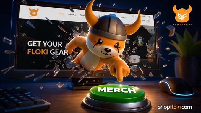A promotional advertisement for ShopFloki merchandise featuring a viking-helmeted Shiba Inu mascot bursting out of a computer screen, with a green 'MERCH' button and shopfloki.com URL.