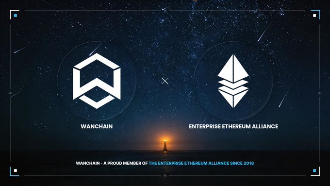 A promotional graphic displays the WANCHAIN and Enterprise Ethereum Alliance logos against a starry night sky, stating 'WANCHAIN - A PROUD MEMBER OF THE ENTERPRISE ETHERHUM ALLIANCE SINCE 2018'.