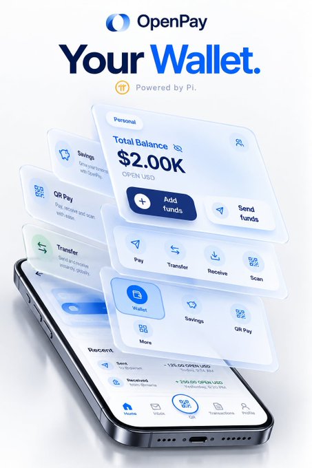 A promotional graphic for OpenPay digital wallet shows an exploded 3D view of a smartphone displaying a clean interface with a Total Balance of $2.00K OPEN USD, featuring expandable menu panels for Savings, QR Pay, Transfer, and quick action buttons for Pay, Transfer, Receive, and Scan, with the tagline "Your Wallet. Powered by Pi." matching the accompanying post about a modern, all-in-one payment experience.