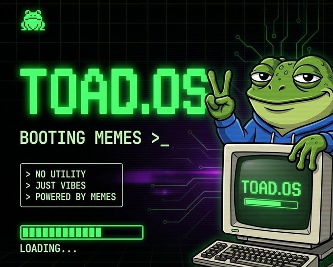 A vibrant green and black graphic displays the text "TOAD.OS BOOTING MEMES >_" alongside "NO UTILITY, JUST VIBES, POWERED BY MEMES," featuring a cartoon frog in a hoodie next to a retro computer.