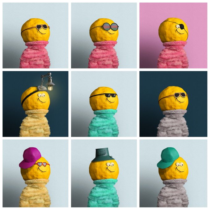 A 3x3 grid of photos showing a yellow smiley face ball wearing various accessories like sunglasses, hats, and a headlamp, sitting atop fluffy colored bases.