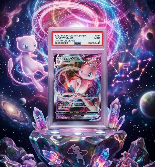 The image features two Pokemon cards, one of which is a rare card with a pink background and purple stars. The other card has a white background with pink stars. These cards are displayed on a rock formation or a display case that resembles a planet in space. The text "2022 Pokemon JSW" and "Mini" can be seen on the cards, indicating their rarity and value. The post also mentions that the cards are being given away for free to anyone who follows @Collector_Crypt and tags them with their own address.