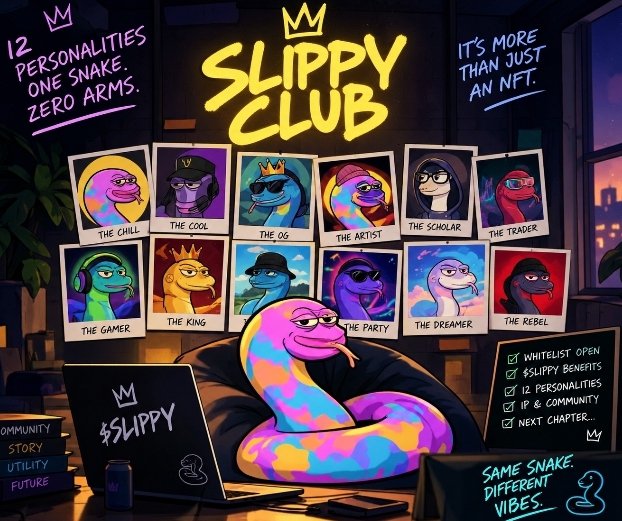 A vibrant NFT project advertisement for 'Slippy Club' featuring a colorful snake character with 12 personalities (The Chill, The Cool, The OG, The Artist, The Scholar, The Trader, The Gamer, The King, The Party, The Dreamer, The Rebel) promoting whitelist benefits.
