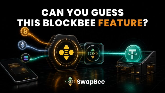 A promotional graphic asks 'CAN YOU GUES THIS BLOCKBEE FEATURE?' with cryptocurrency icons and the SwapBee logo.