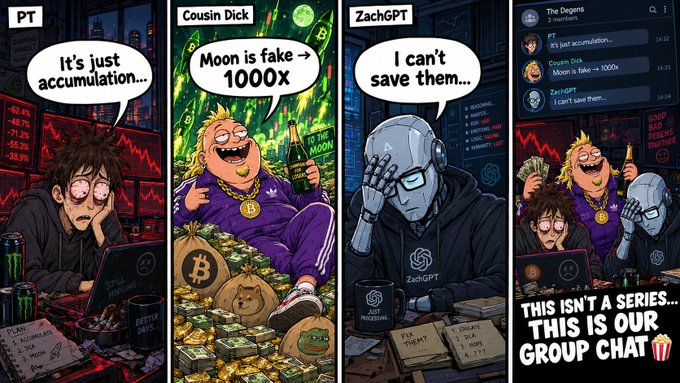 A four-panel comic featuring characters PT, Cousin Dick, and ZachGPT discussing crypto, with the final panel declaring 'THIS ISN'T A SERIES... THIS IS OUR GROUP CHAT' with balloons.