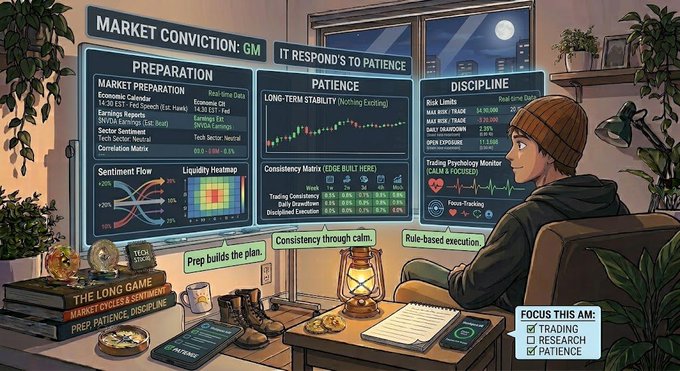 An illustrated scene of a young man in a beanie and hoodie sitting at a desk monitoring financial data screens showing market conviction, preparation, patience, and discipline metrics, with motivational phrases like 'THE LONG GAME' and 'FOCUS THIS AM: TRADING, RESEARCH, PATIENCE'.