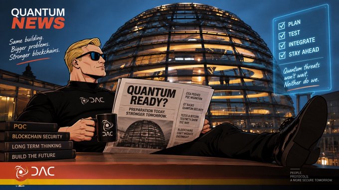 A 'Quantum News' comic-style illustration showing a relaxed blonde man in sunglasses sitting in front of the Reichstag dome, reading a newspaper headline 'QUANTUM READY?' with a checklist for Plan, Test, Integrate, Stay Ahead, branded with 'DAC'.