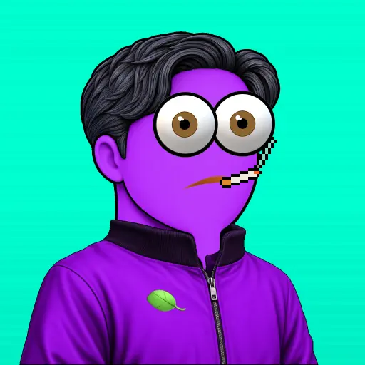 A purple cartoon character with dark hair, wide eyes, and a cigarette in its mouth, wearing a purple jacket with a small green leaf on the chest, set against a green background.
