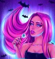 A vibrant digital illustration of a stylized woman with flowing pink hair holding a lollipop against a purple backdrop.