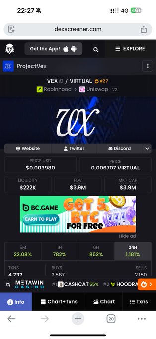 The image shows a DexScreener page for the VEX/VIRTUAL trading pair on Robinhood via Uniswap, with a current price of $0.003980 and a market cap of $3.9M. The post is shilling this VEX token and providing its contract address for verification, with the screenshot displaying key metrics like 22.08% 5M change and 782% 1H gain to highlight the token's performance.