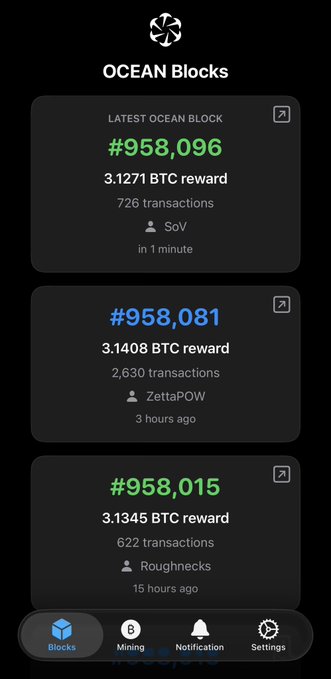 A mobile app screen displays the latest OCEAN Blocks, with the most recent block #958,096 mined by SoV earning a 3.1271 BTC reward 1 minute ago, followed by block #958,081 mined by ZettaPOW 3 hours ago and block #958,015 mined by Roughnecks 15 hours ago. The post references "BIP-110," relating to Bitcoin Improvement Proposal 110, which OCEAN's mining pool may support or implement in its block template construction.