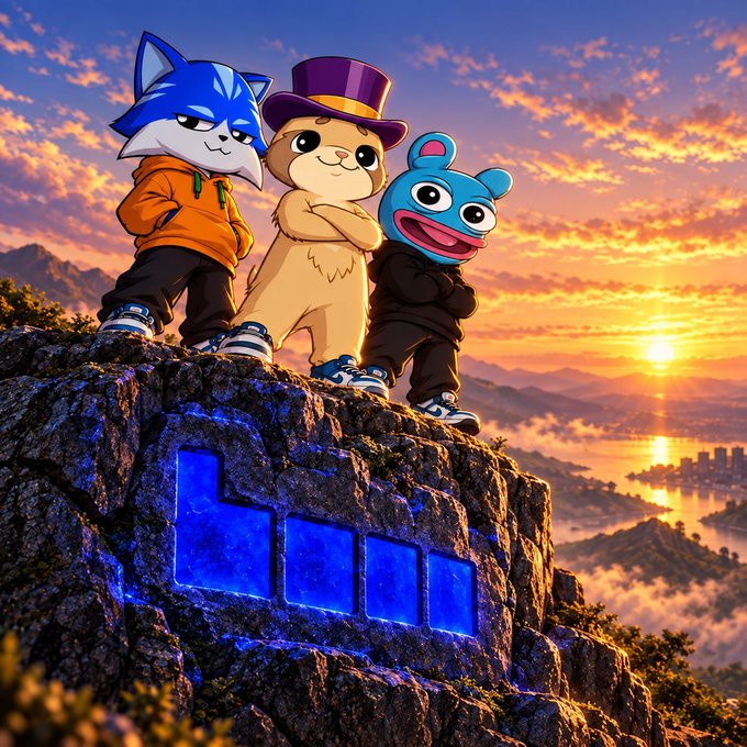 A digital artwork featuring cartoon versions of Sonic, a dog, and a blue gummy bear character standing on a rocky cliff with glowing blue windows, overlooking a vibrant sunset over a valley and water.