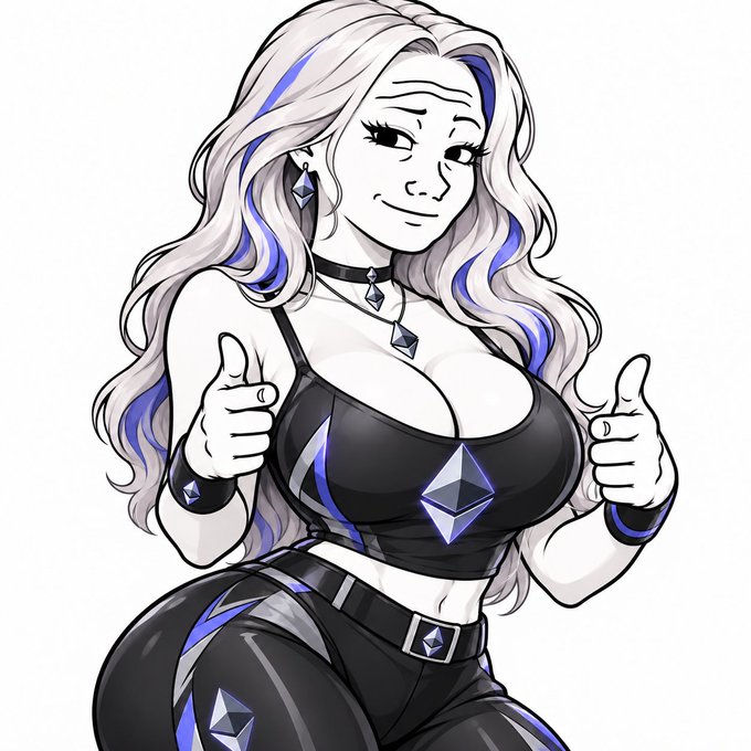 A digital illustration of a smiling woman with long blonde hair streaked with blue, wearing a black crop top and pants adorned with Ethereum logos, giving two thumbs up.