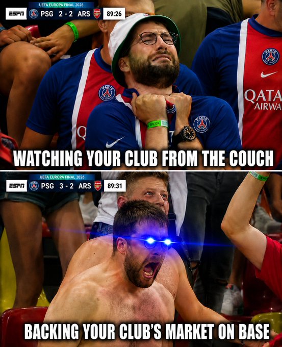The image shows a shirtless man with glasses wearing a hat, sitting among other fans at a sports event. A caption below the image reads "backing your club's market on base", which seems to be a reference to the recent trend of fans actively supporting their clubs by purchasing tickets and merchandise online. The post also mentions that $PSG and $AFC communities can provide liquidity for @AerodromeFi, indicating that they are encouraging fans to invest in sports events directly from the source.