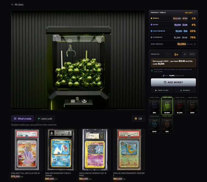 A claw machine interface filled with green orbs, displaying a payout table with rarities like Grail and Rare, alongside graded Pokemon cards including a 2016 Psa 10 card valued at $75,000.
