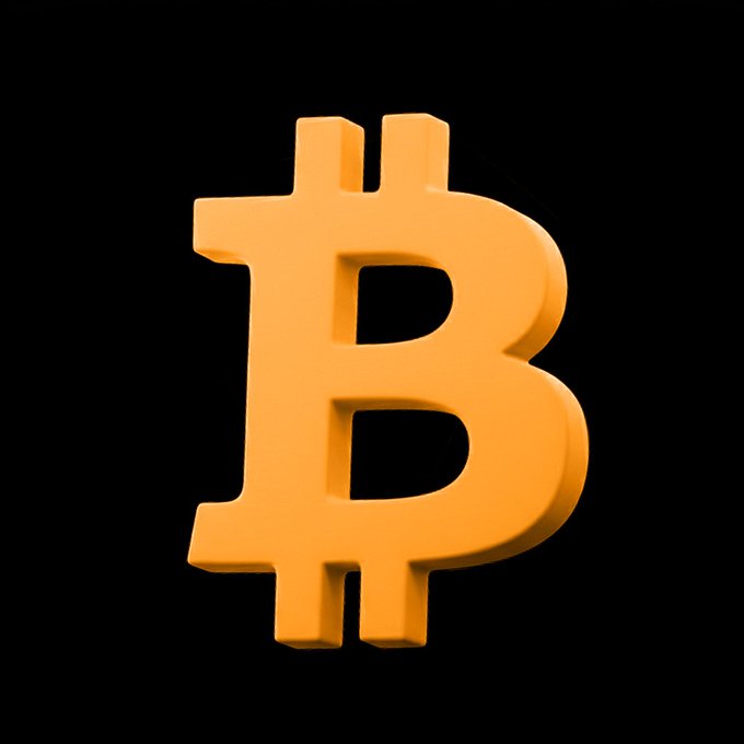 A 3D rendered orange Bitcoin (₿) logo symbol on a black background.