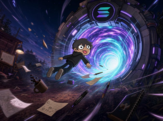 A cartoon-style illustration of a wide-eyed character being pulled into a glowing purple and blue portal, surrounded by floating papers, a coffee mug, and a notebook with a Solana logo.